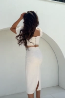 Sheila – Women’s Beige Midi Dress with Puff Sleeves ‘Soleila Beige’