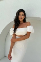 Sheila - Damska Sukienka beżowa z bufkami midi 'Soleila beige'