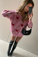 Sheila - Women's Pink Valentine's Day Sweater with Red Hearts onesize 'Heartbeat'